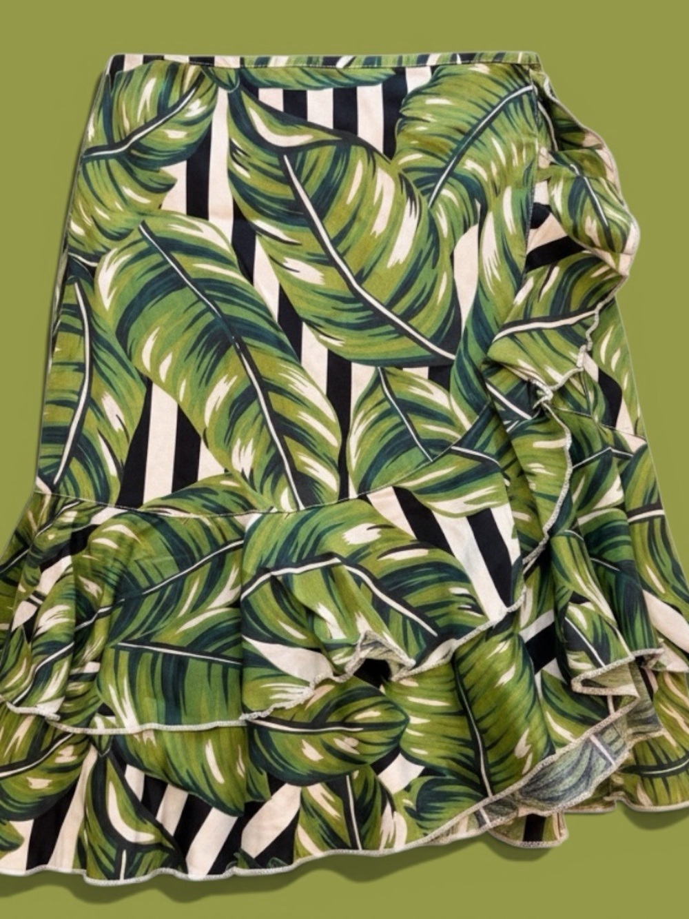 Red Carter- Women’s Green Leaf & Black Stripe Ruffle Skirt.